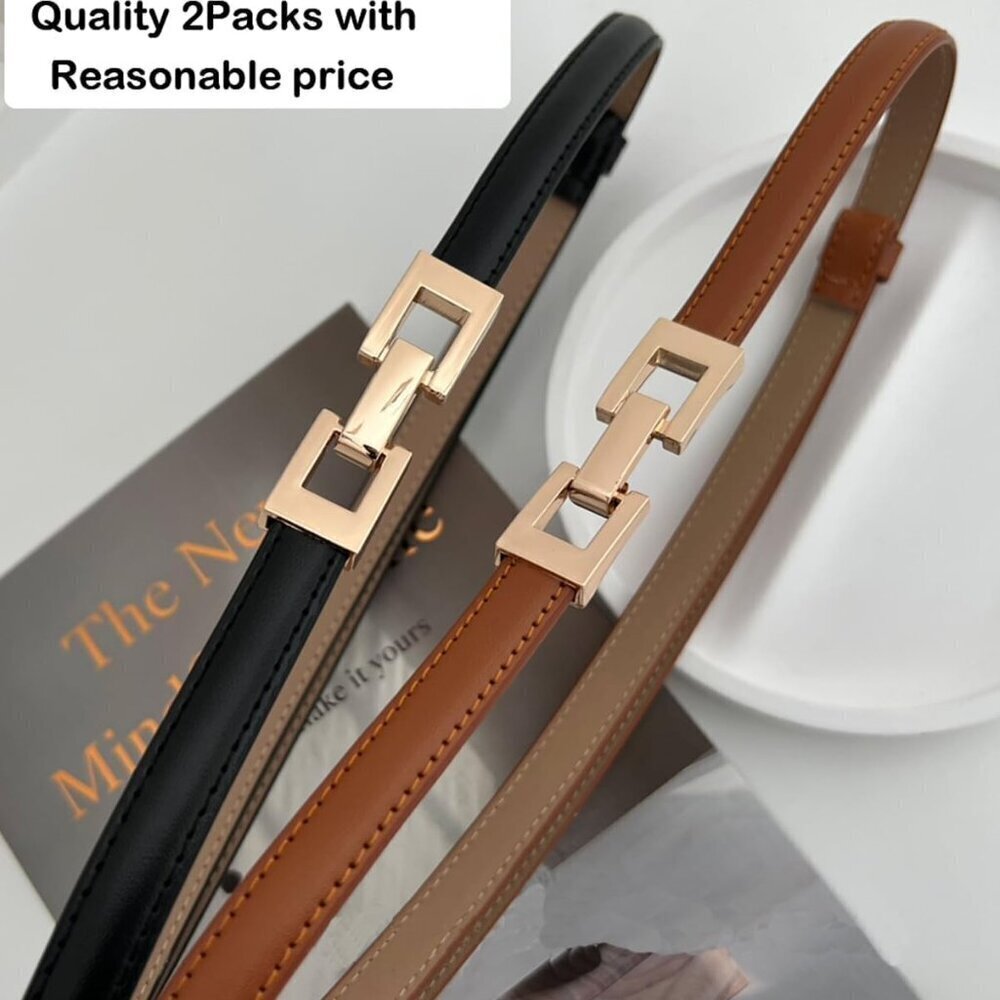2Pack Women's Leather Belts Thin Waist Dress Belt with Gold Buckle Adjustable - Picture 7 of 7